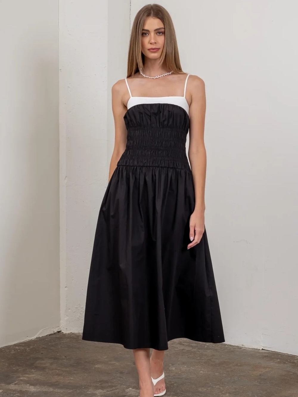Black Smocked Midi Dress with White Trim